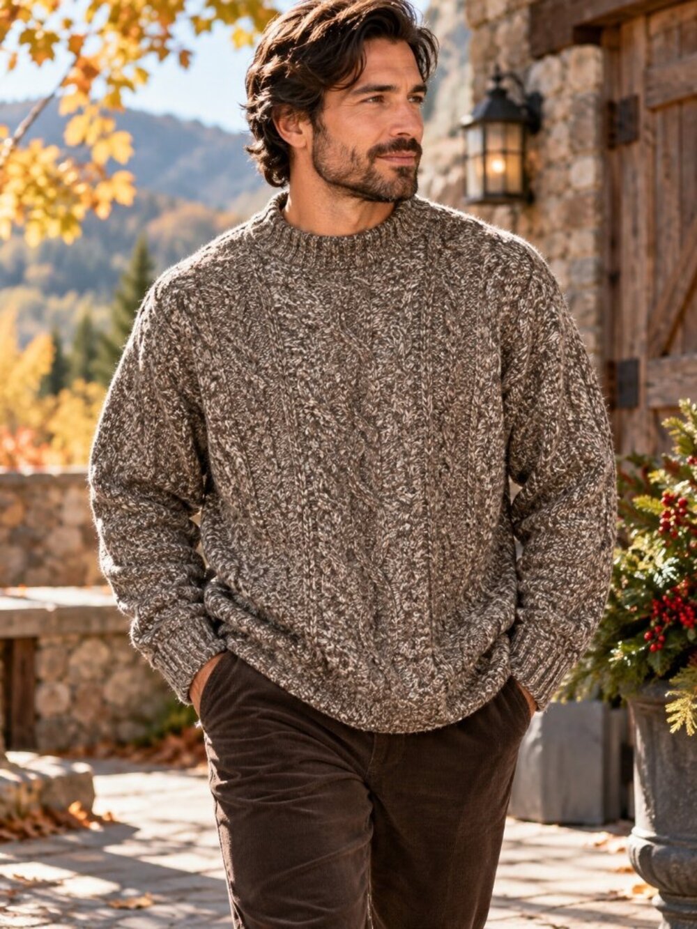 Coach Vintage Mens Large Wool Cable Knit Sweater Made in Italy Brown